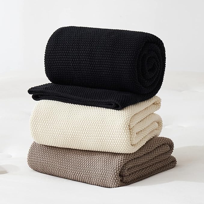 Longhui bedding Black Cotton Cable Knit Throw Blanket for Couch Sofa Chair Bed Home Decorative, 2.5 Pounds 50 x 60 Inch Lightweight Woven Throw Blankets with Bonus Laundering Bag, Machine Wash