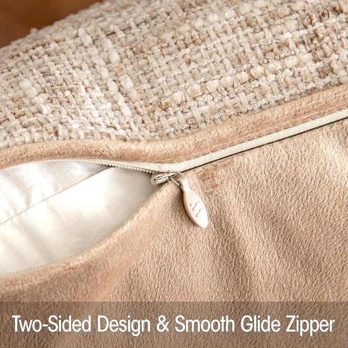 a moment Khaki Reversible Pillow Covers 2 Pack - Farmhouse Chenille Velvet Throw Pillows, Neutral Textured Decorative Throw Pillow Covers with Border for Couch Sofa Bed (22x22 Inch, No Insert)