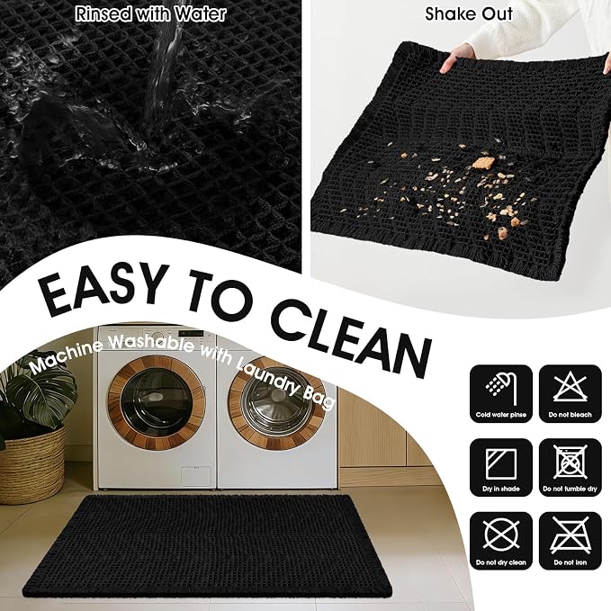 Extra Large Waffle Bath Mat, 5'x2' Black-Herringbone, Super Absorbent Non-Slip Quick Dry Bathroom Rugs with Tassels, Machine Washable Ultra Soft Boho Bath Rugs, Toilet Mats Boho Farmhouse Decor