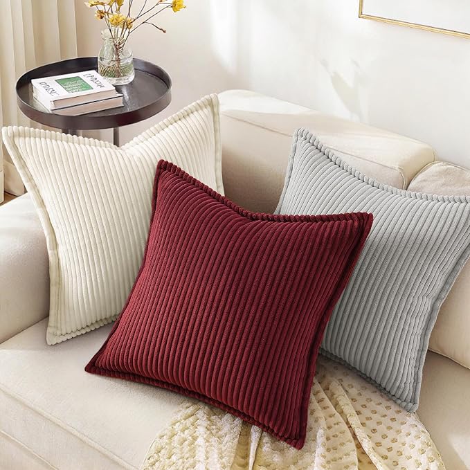 decorUhome Summer Corduroy Burgundy Euro Sham Throw Pillow Covers 22x22 Set of 2 Decorative Soft Boho Farmhouse Couch Pillow Covers for Living Room Bed Sofa Broadside Striped Pillow Cases
