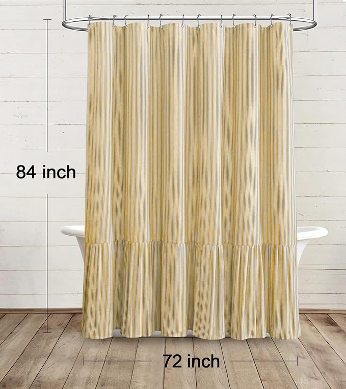 Farmhouse Shower Curtain with Ruffle Hem Linen Shower Curtains for Bathroom Country Vintage Rustic Natural Fabric, Cream-Yellow Stripe 72" W x 84" L