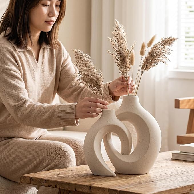 Snuggle Hollow Ceramic Donut Vase Set of 2 for Coffee Table Decor, Decorative Vases for Boho Modern Table Centerpieces Home Living Room Entryway Table Shelves Decoration, Beige, 6.3" W x 8.4" H