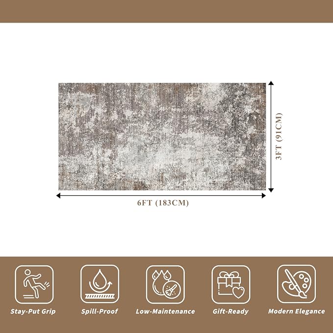 3x6 Non-Slip Washable Entryway Rug - Stain-Resistant Low-Pile Thin Wide Carpet Runner for Kitchen, Hallway, Bathroom | Modern Neutral Abstract(Brown Beige,3x6)