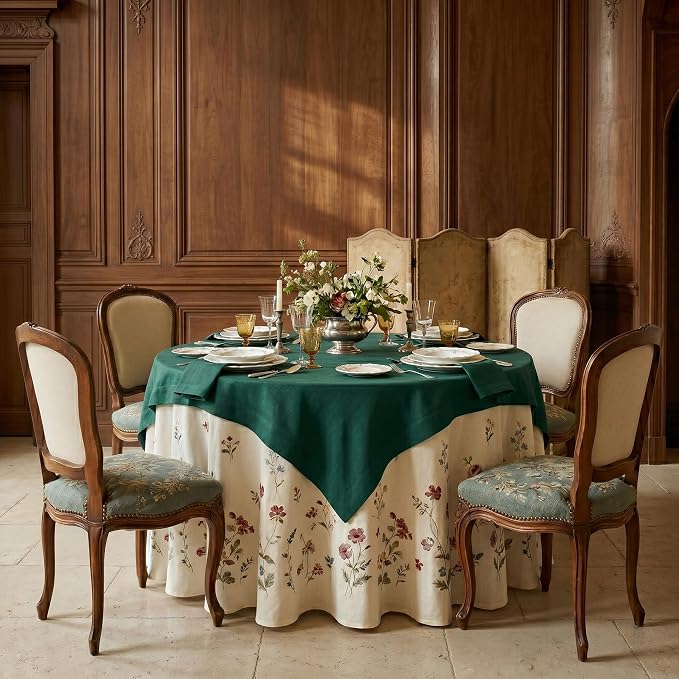 Solino Home Linen Tablecloth 52 x 52 Inch - 100% Pure Linen Rainforest Green Square Tablecloth - Fete, Machine Washable Table Throw