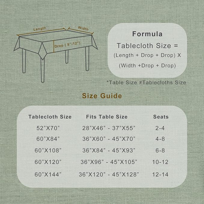 TOSMO 100% French Linen Tablecloth, Washable Farmhouse Rectangle Table Cloth for Kitchen, Dining, Party, Cocktail, Indoor and Outdoor Daily Use(60''x144'',Sage Green)