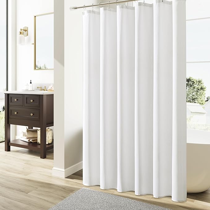 Naturoom Extra Long Shower Curtain,96 Inch Long Linen Weighted Thick Fabric Bathroom Shower Curtain, Neutral Hotel Elegant Modern Farmhouse Style Bath Curtains Set with 12 Plastic Hooks,72x96, White