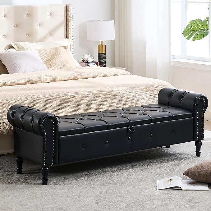 67" Storage Bench for Bedroom, End of King Size Benches with Rolled Arms, Faux Leather Tufted Button Ottoman Benches, Upholstered Bench for Living Room, Entryway, Black