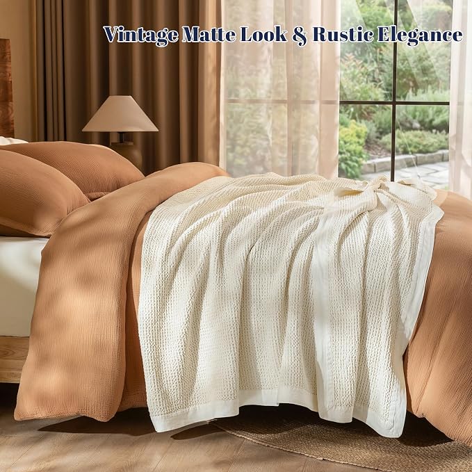 PHF Stone Washed 100% Cotton Waffle Blanket, Vintage Deep Honeycomb Texture, Breathable Thermal Blanket for Bed & Home Decor, All Season Layering - King, Undyed/Raw