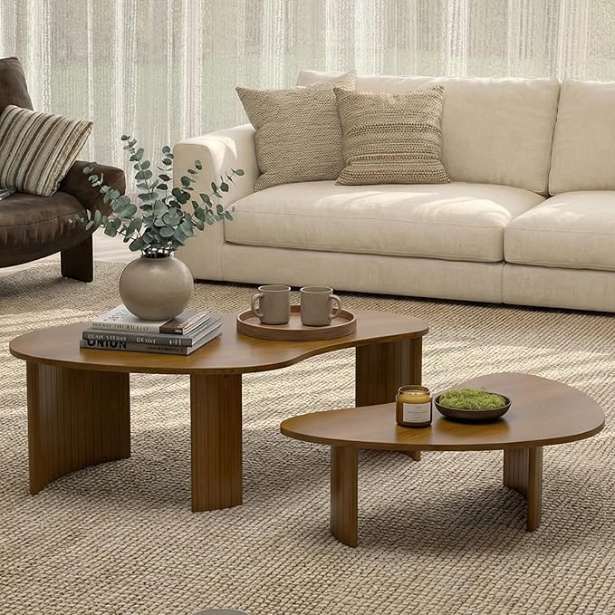 Mid Century Modern Nesting Coffee Table Set of 2, Walnut Wood Grain Veneer with Fluted Legs, Farmhouse & Contemporary End Tables for Living Room