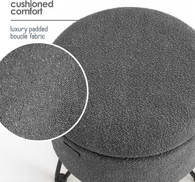 Round Ottoman with Storage, Boucle Storage Ottoman, Foot Stool Ottomans, Makeup Vanity Stool, Small Ottomans Foot Rest, Modern Vanity Stools for Living Room and Bedroom, Grey