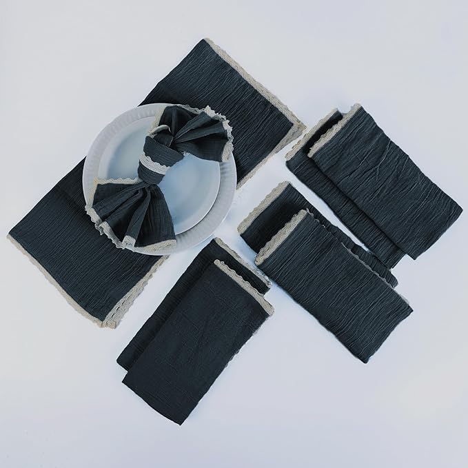 FINGERCRAFT Dinner Cloth Napkin Cotton Muslin Double Gauze 12 Pack with Classic Lace for Everyday Use, Wedding, Party, Christmas, Easter Napkins Cloth are Pre Shrunk and Good Absorbency Black