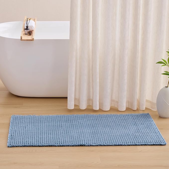 ILANGO Upgraded Waffle Bathroom Runner Rugs,Super Absorbent Boho Non Slip Bathroom Mats Quick Dry,Ultra Soft Machine Washable Mat with Tassels for Hallway,24x72,Light Blue