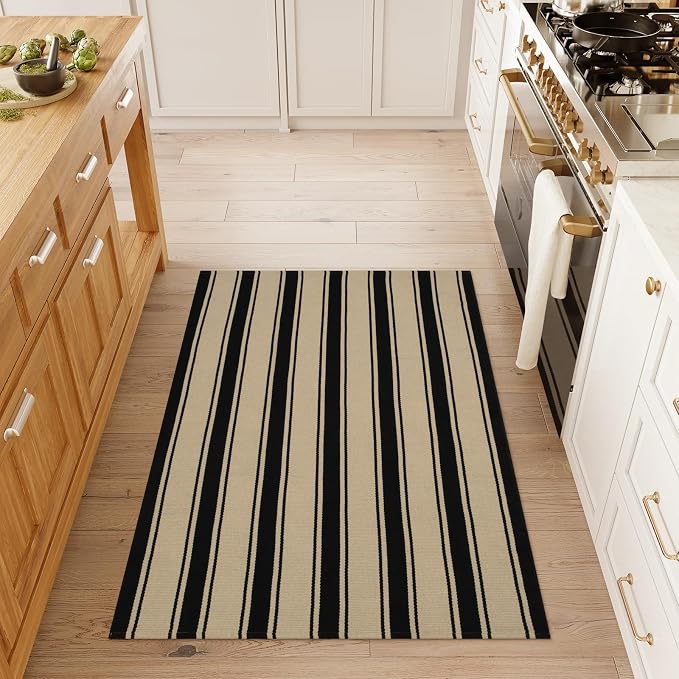 Striped Outdoor Rug 3'x5', Cotton Hand Woven Rug Front Door Mat,Washable Reversible Layered Door Mats, Foldable Front Porch Rug for Entryway/Home Entrance/Farmhouse(Black and Tan)