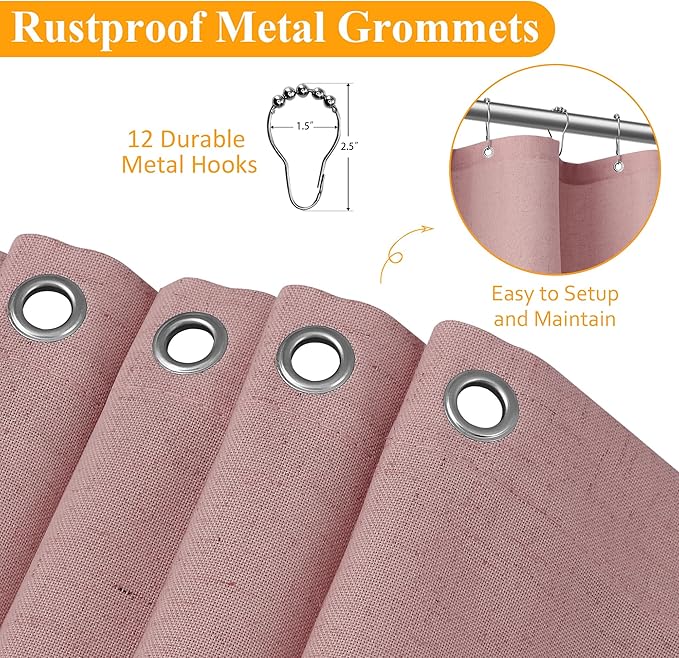 Naturoom Pink 54 Inch Shower Curtain - Stall Narrow Half Linen Ultra Thick Fabric Shower Curtain Set with Hooks, Boho Farmhouse Rustic RV Camper Bath Curtains for Bathroom, 54x78