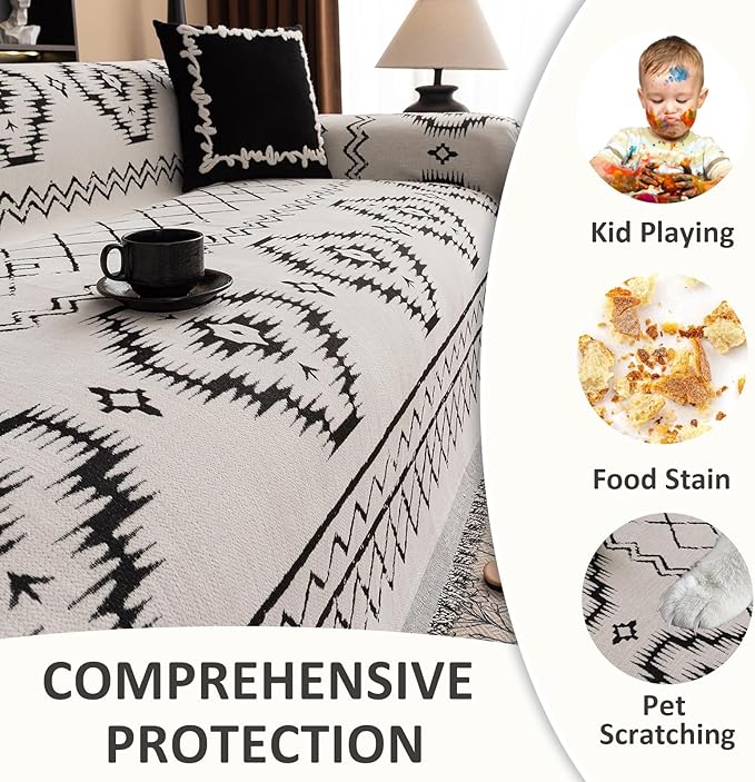 VClife Boho Aztec Couch Cover Retro Couch Cover for 2 Cushion Couch Sofa, Western White Loveseat Cover with Black Tribal Pattern, Soft Thick Chenille Furniture Sofa Covers wit Tassel, White, 71"X118"