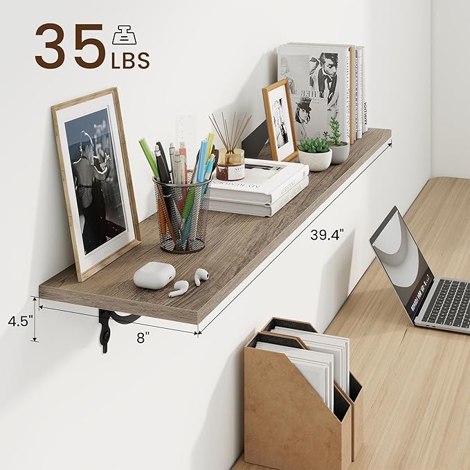 RICHFOCUS Floating Shelves for Wall Decor, 39.4W x 8D Shelves Set of 2, 8 Inch Deep Rustic Wood Shelves Wall Mounted with Brackets, Long Floating Shelves for Living Room Bedroom Kitchen, Grey