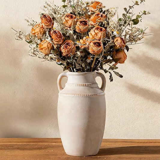 Lvases Beige Ceramic Vase with Handles, 10.5 Inch Boho Modern Aesthetic Textured Table Vases for Anthropologie Home Decor Centerpieces (Cream Beige White)