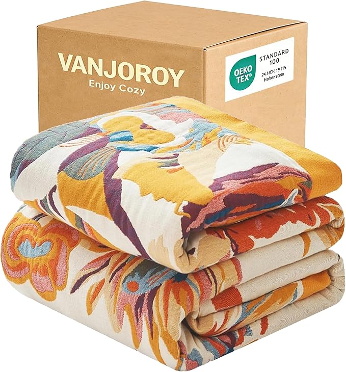 VANJOROY Boho Throw Blanket, 100% Organic Cotton Ultra Soft 50" x 60" Throw for Couch and Bed - Skin-Friendly Embroidery Cozy All Season Rustic Floral Decor Chair Blanket -Beige