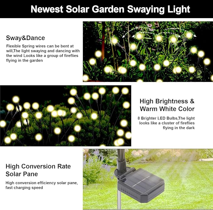 Solar Firefly Lights Warm White, 8 Modes 800mAh Swaying Firefly Yard Lights Solar Powered Outdoor Waterproof for Outside Yard Patio Lawn Pathway Walkway Stake Christmas Garden Decor (4 Pack)