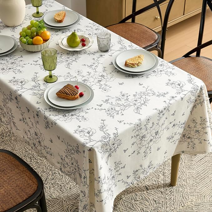 Farmhouse Rustic Floral Tablecloths Rectangular Vintage French Linen Tablecloth Black Flowers Pattern Burlap Textured Outdoor Table Cover for Picnic,Dining,Party,Home Decor 55x102 Inch