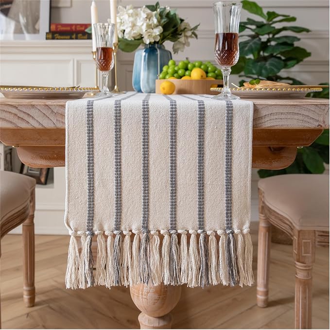 Caflife Boho Table Runner 90 Inchs Long Grey and Beige, Cotton and Linen Woven with Tassels, for Modern Rustic Farmhouse Neutral Table Runners, Bohemian Kitchen Dining Table Home Decor