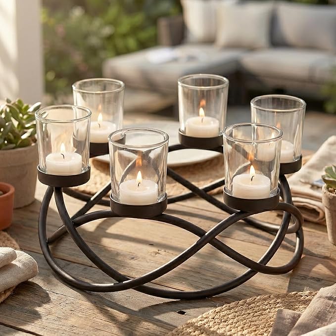 Seraphic Centerpieces for Tables, Votive Candle Holder, 6-Cup, Black/Clear | Outdoor Patio Umbrella Centerpiece, Round Modern Dining Room & Kitchen Table Decor, Rustic Wrought Iron Candelabra