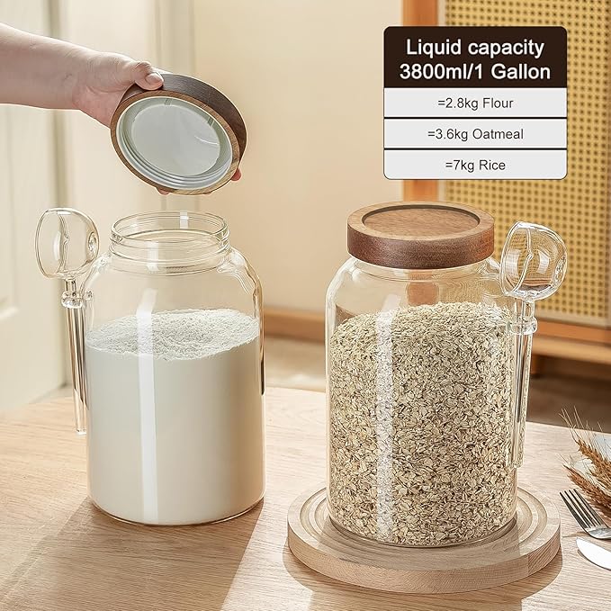 Wissy&Konny 1 Gallon Glass Jar with Lid 2Pack, Borosilicate Large Glass Flour Sugar Storage Containers for Tea,Cereal, Egg and More,Leak-proof Screw Lid (2 Spoons)
