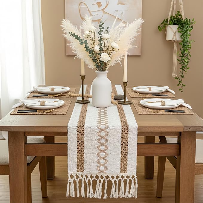 FEXIA Boho Table Runner for Hoilday with Tassels 72 Inches Long for Rustic Farmhouse Home Decor Macrame Bohemian Pottery barn Furniture Table Decoration Dining Bedroom Decor (12x72 Inches)