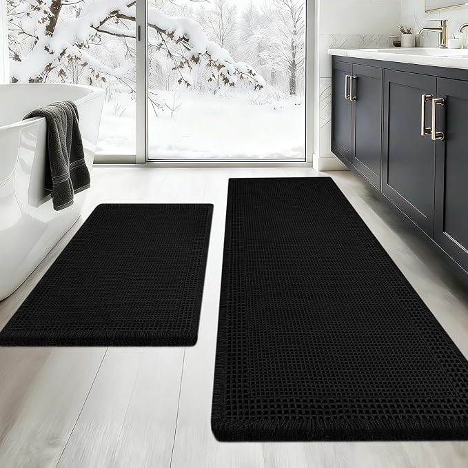 Upgraded Waffle Bath Mat Set 2 Piece Black-Bordered, Super Absorbent Non-Slip Quick Dry Bathroom Rugs with Tassels, Machine Washable Ultra Soft Boho Bath Rugs for Floor, Bath Mats Boho Farmhouse Decor