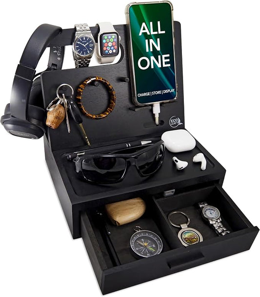 Nightstand Organizer for Men- Bedside Table Organizer with Drawer for Cellphone, Watches, Sunglasses & Accessories- Makes an Ideal Gift for Dad or Son (Black)