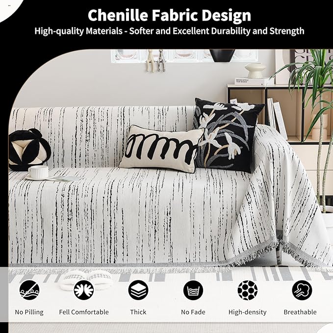 WEYOND Chenille Couch Cover Pet Friendly, Sofa Cover Washable, Reversible Sofa Slipcover for Sectional Sofa, Loveseat, 2 or 3 Cushion Couch, Corner Sofa, Futon Cover (71" X 118", White)
