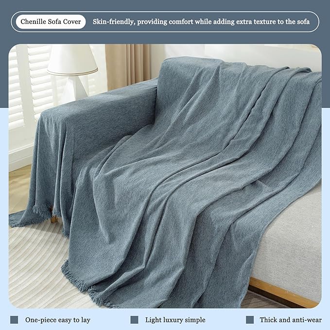 DREAMINGO Modern Minimalism Couch Cover for 3 Cushion Couch Sofa Greyish Blue 3 Seat Sectional Sofa Covers L Shape Couch Cover for Dogs Boho Herringbone Sofa Slipcover, 71"x134"