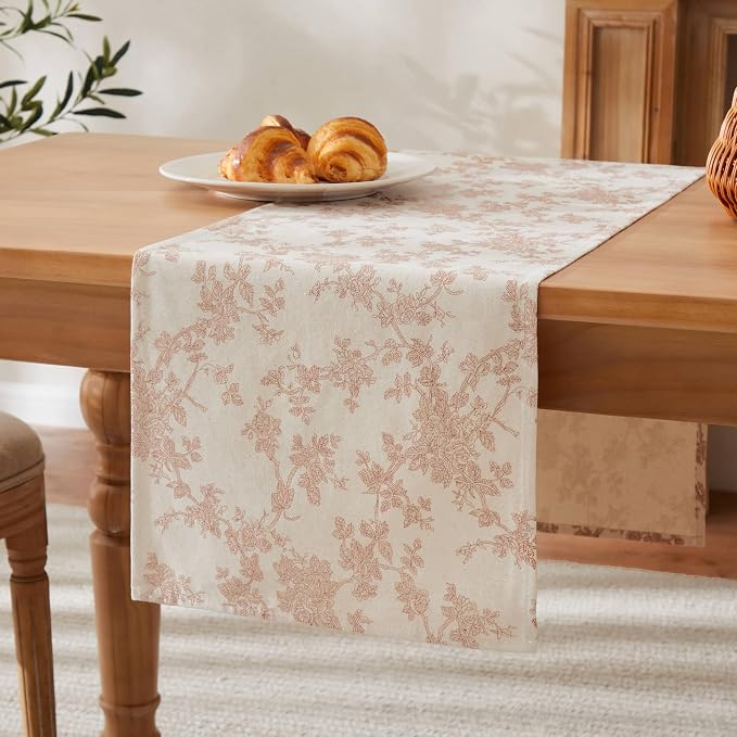 100% Cotton French Pastoral Table Runners, 13x36Inch Taupe Farmhouse Table Runners 36 Inches Long, Vintage Flowers Print Home Decors