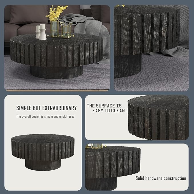 31.5" Circle Coffee Table, Rustic Round Wood Center Table Accent Drum End Tea Table for Living Room Apartment Small Space,with Fluted Relief Side, Black
