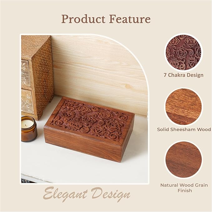 Ajuny Decorative Wooden Jewelry Box Keepsake 8 Inch - 7 Chakra Carving Box for Jewelry, Coins, Tarot Cards, Small Treasures Chest Travel Organizer