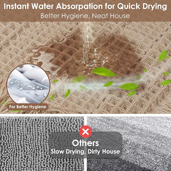 Waffle Bath Mat Set of 2, Absorbent Waffle Bathroom Rug with Tassels, Non Slip Bath Mats for Bathroom Floor, Ultra Soft Boho Bath Mat, Quick Dry Shower Mat, Machine Washable, 17"×24" & 20"×47", Khaki