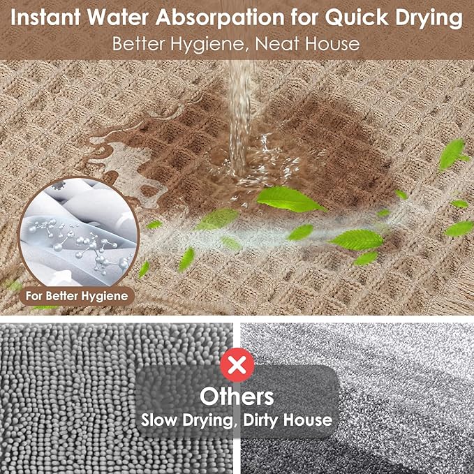 Waffle Bath Mat, Super Absorbent Waffle Bathroom Rug with Tassels, Non Slip Bath Mats for Bathroom Floor, Ultra Soft Boho Bath Mat, Quick Dry Shower Mat, Machine Washable, 17"×24", Khaki