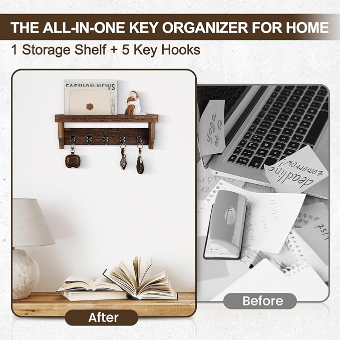 Key and Mail Holder Wall Mount, Key Holder with Shelf and Mail Organizer Wall Mount. Mail Holder with 5 Hooks for Coat, Dog Leash, Home Decor Rack, Entry Way Organizer (Brown)