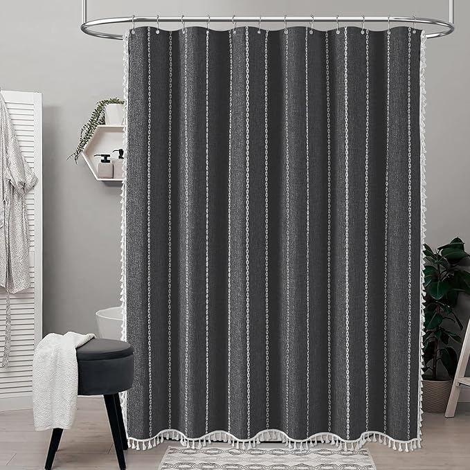 BTTN Boho Farmhouse Shower Curtain - Linen Rustic Heavy Duty Striped Fabric Shower Curtain Set, Bohemian Vintage Country Cloth Shower Curtains for Bathroom, Charcoal Grey, 72" W x 84" L (Pack of 1)