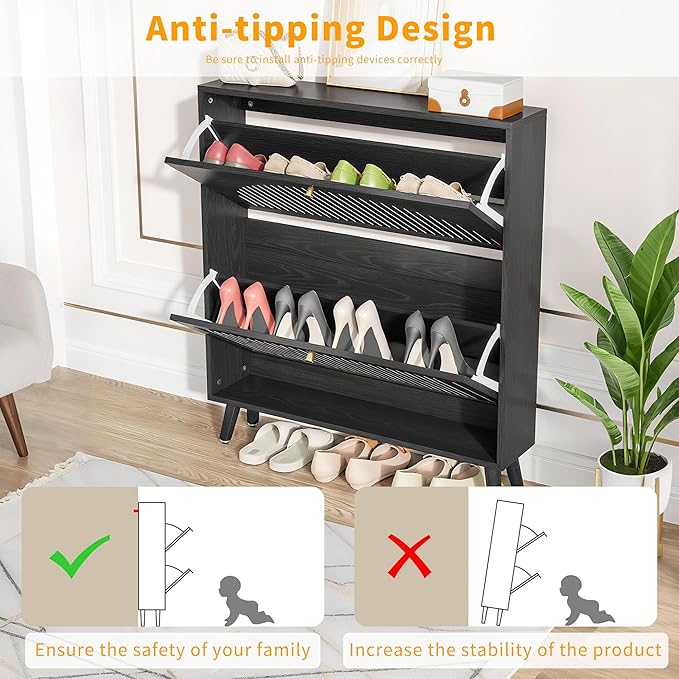 Fsbecl Shoe Storage Cabinet for Entryway with 2 Flip Drawers, Narrow Wood Shoe Cabinet with Fluted Panel, Freestanding Hidden Shoe Organizer for Foyer, Hallway (Black - No Shelf)