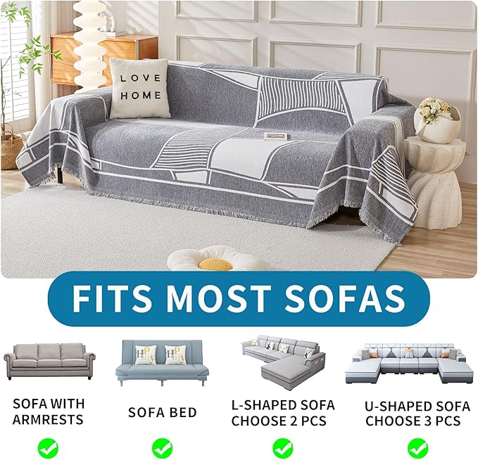 HAOMAIJIA Non Slip Couch Cover Sofa Covers for 2 Cushion Couch Washable sectional Couch Covers for Dogs pet Furniture Protector Couch Cover Blanket for Living Room (Grey-Cream, 71"x102")