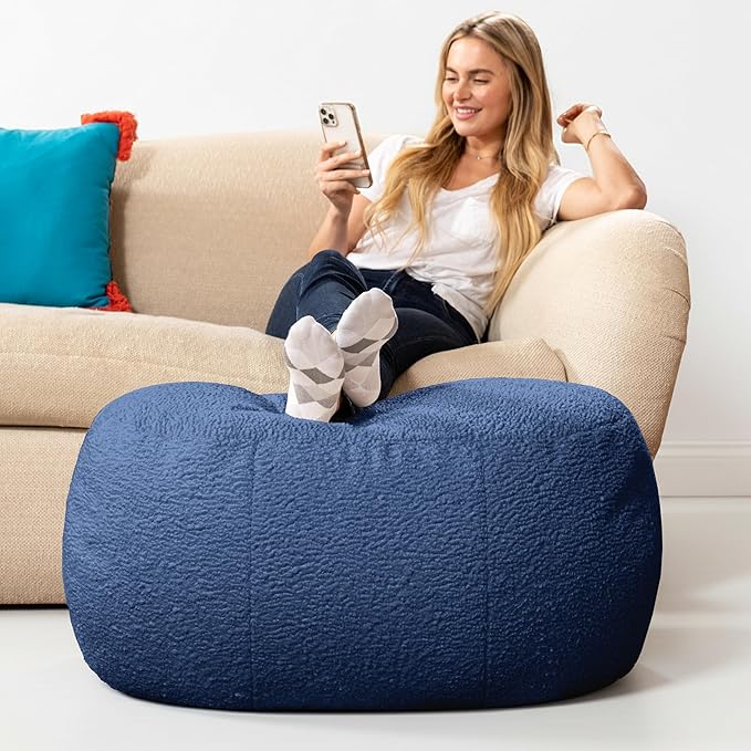 Jaxx Ellis Ottoman Shearling Faux-Lamb Plush Pouf for Modern Interior Design, Oval, Indigo