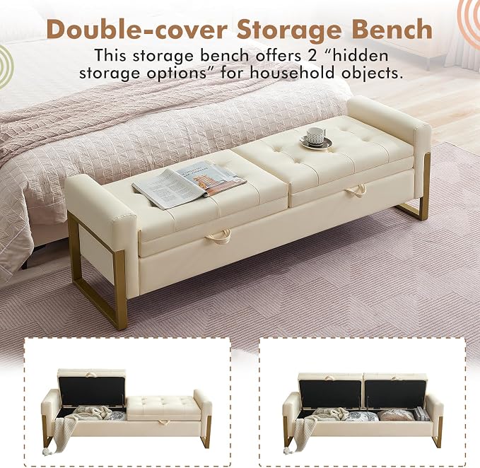67" End of Bed Storage Bench King Size, Upholstered Faux Leather Bench for Bedroom Foot of Bed, Double Lids Storage Ottoman Bench with Golden Legs for Window Living Room Entryway, Beige