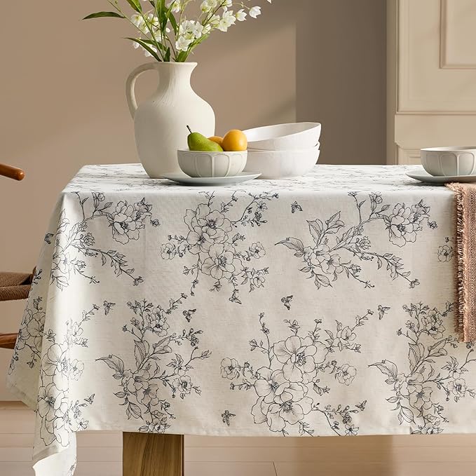 Farmhouse Rustic Floral Tablecloths Rectangular Vintage French Linen Tablecloth Black Flowers Pattern Burlap Textured Outdoor Table Cover for Picnic,Dining,Party,Home Decor 55x102 Inch