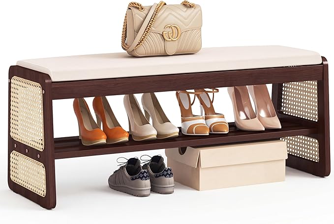 Shoe Storage Bench with Cushion - 2 Tier Shoe Rack for Front Door Entrance, Rattan Shoe Rack, Entryway Bench with Storage for Closet,Hallway,Bedroom&Living Room(Walnut, 39.4" W)
