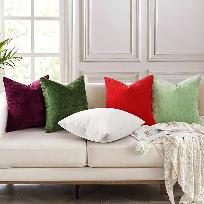 decorUhome Chenille Sage Green Summer Throw Pillow Covers 12x20 Inch Set of 2, Decorative Soft Couch Pillow Covers Solid Dyed Accent Farmhouse Neutral Rectangle Pillow Cases for Sofa
