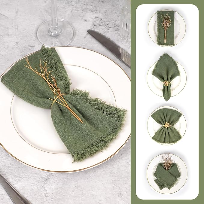 30 Packs Olive Green Napkins 16x16 Inch, Cotton Linen Handmade Cloth Napkins Bulk with Fringe - Soft Rustic Boho Napkins for Wedding, Party, Christmas Event Dinner Birthday Table Decor