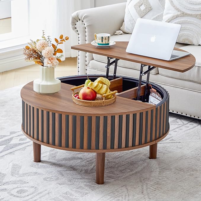 Janmer Home Round Lift Top Coffee Table with Storage, Fluted Mid Century Modern Coffee Tables, Small Space,31.5" Wooden Center Table for Living Room, Apartment, Office (Black Walnut)