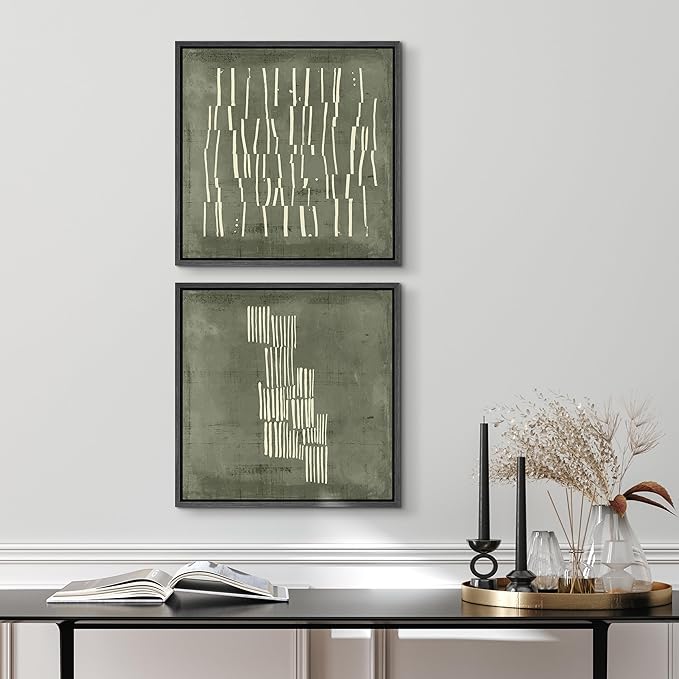 SIGNFORD Framed Canvas Print Wall Art Set Fragmented Lines in Green and White Illustrations Modern Art Minimal Relax/Calm for Living Room, Bedroom, Office - 24"x24"x2 Black