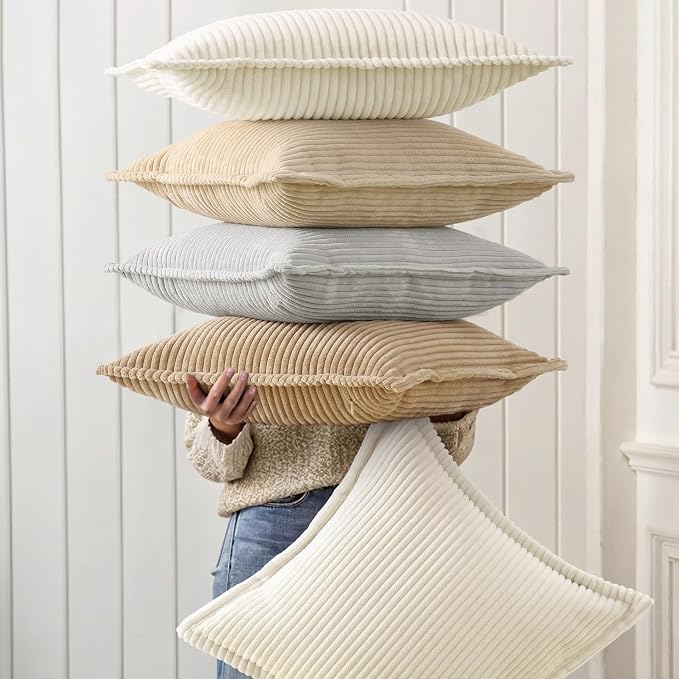 decorUhome Summer Corduroy Light Brown Euro Sham Throw Pillow Covers 26x26 Set of 2 Decorative Soft Boho Farmhouse Couch Pillow Covers for Living Room Bed Sofa Broadside Striped Pillow Cases